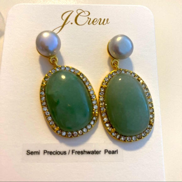 J Crew Gold Plated Stone and Freshwater Pearl Earrings in Apple Green - Picture 3 of 3